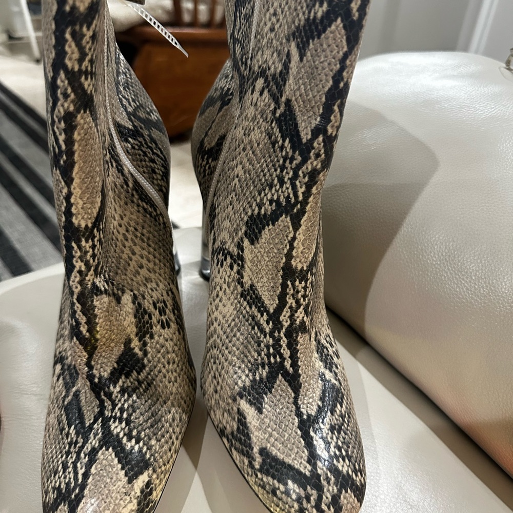 SCHUTZ Snakeskin Heeled Boots in Black and Cream